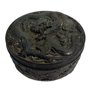 VTG Chinese Metal Trinket Box Raised Dragon Design Red Satin Lining 3.25 x 1.25